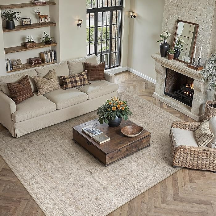 HUGEAR Area Rug 6x9 Vintage Beige Machine Washable Living Room Rugs Distressed Retro Floral Vacuu... | Amazon (US)