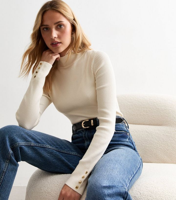 Off White Ribbed Buttoned Cuff Jumper
						
						Add to Saved Items
						Remove from Saved Ite... | New Look (UK)