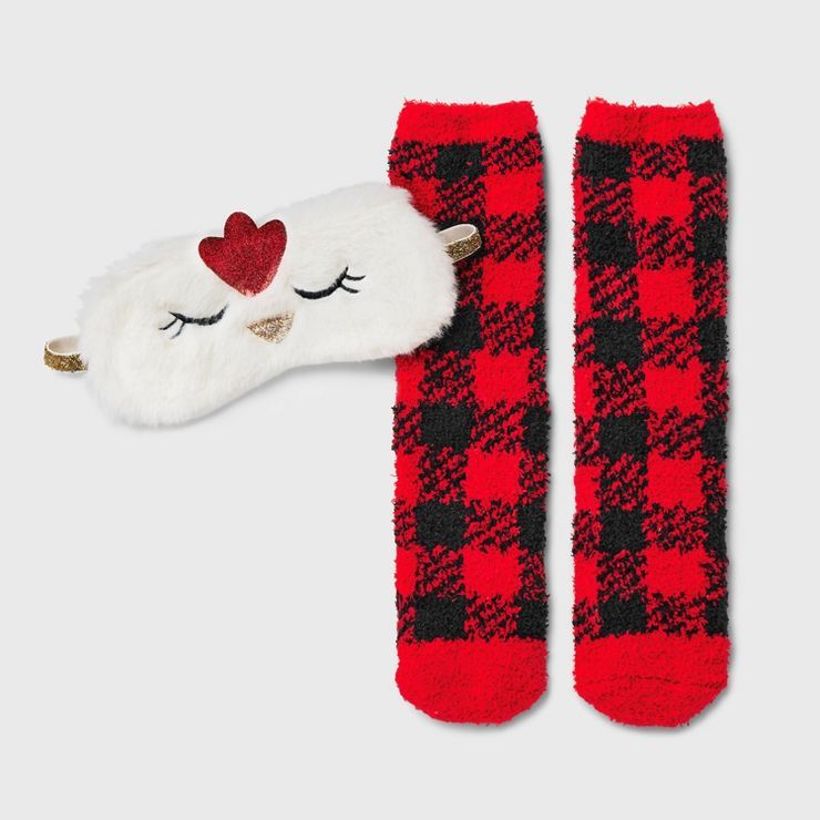 Women's Chicken Faux Fur Eyemask & Cozy Socks Set - White/Red 4-10 | Target