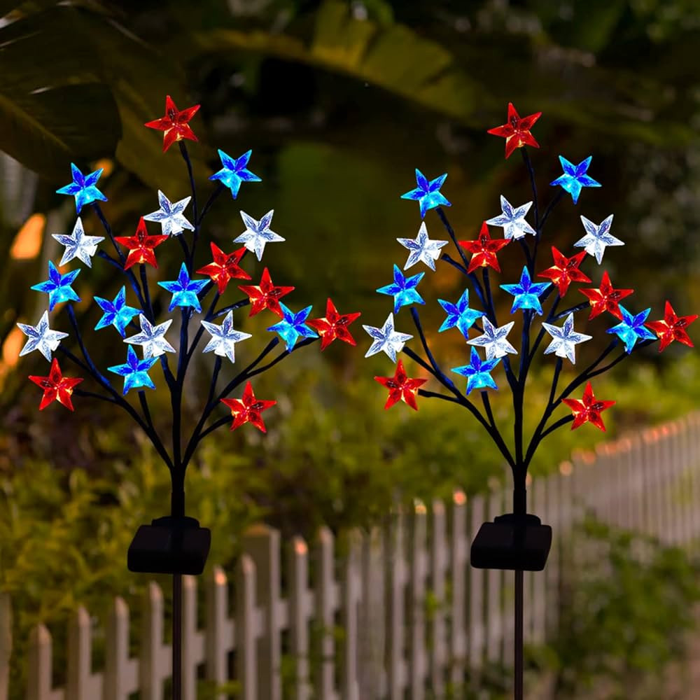 Ohwewant 2 Packs 4th of July Solar Pathway Lights, 2 Modes 40LED Red White and Blue Star Stake Li... | Amazon (US)
