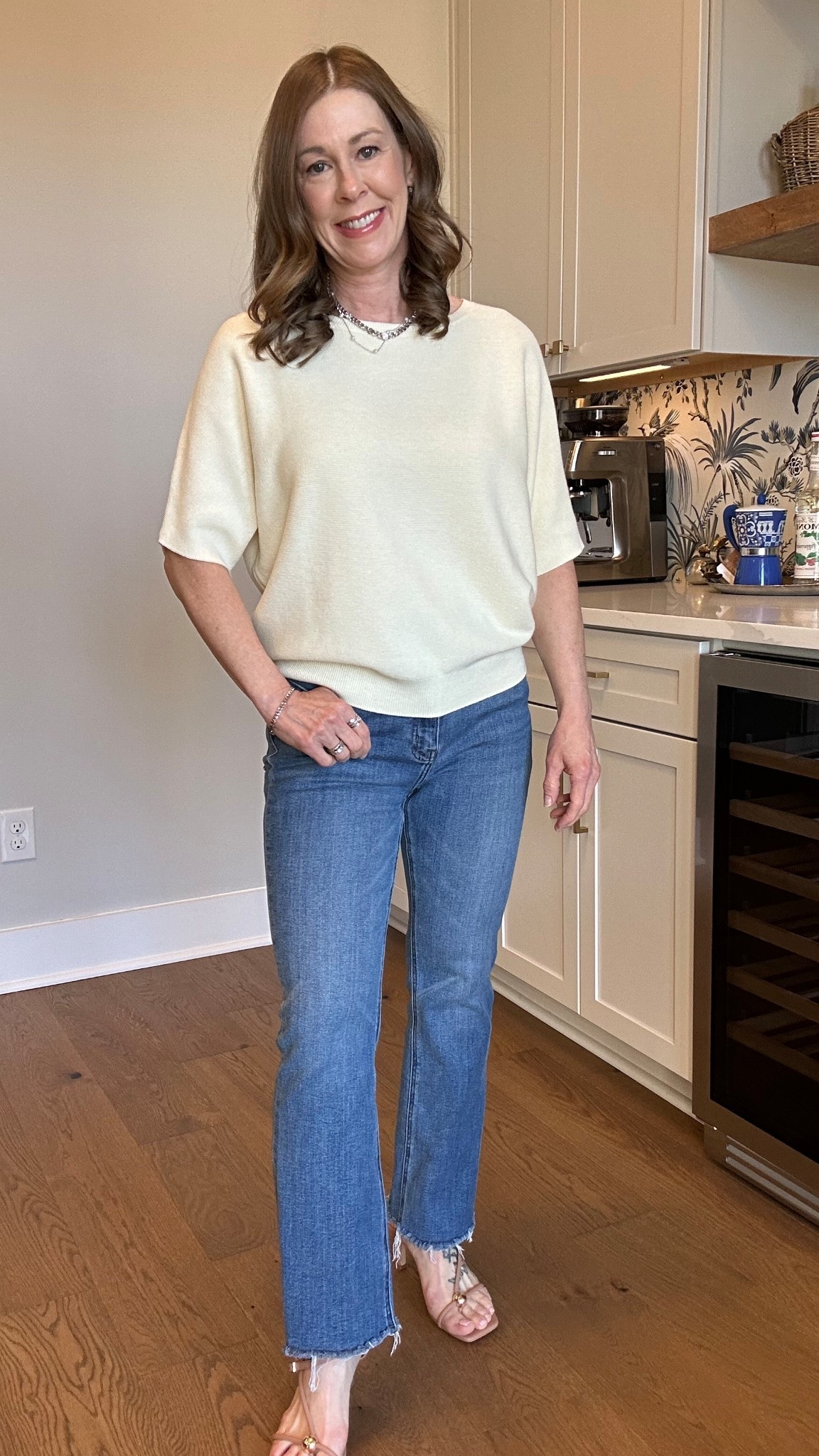 Sweater Perfection! Lightweight cashmere link sweater! I’m in a small! 
My jeans are TTS!
#quince @Quince 