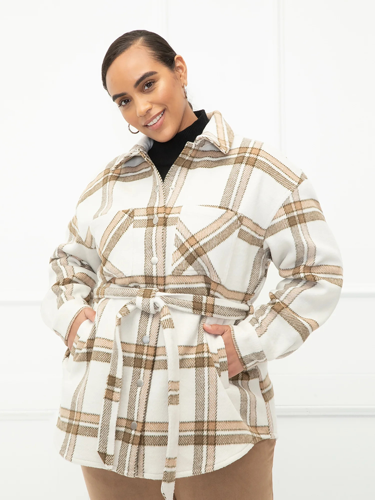 ELOQUII Elements - ELOQUII Elements Women's Plus Size Plaid Belted Shirt Jacket - Walmart.com | Walmart (US)