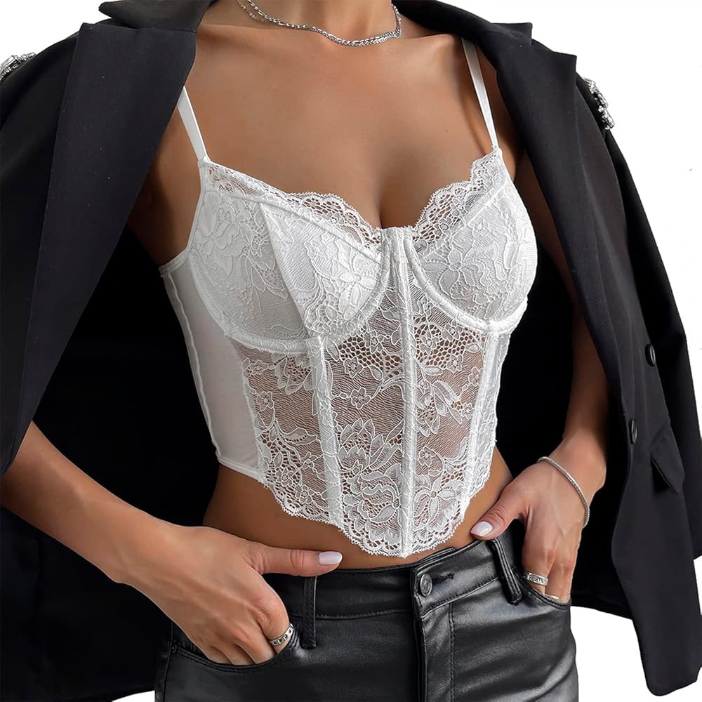 Summer Lace Corset Tops for Women, Sexy Spaghetti Strap Mesh Bustier Going Out Fish Boned Crop To... | Amazon (US)