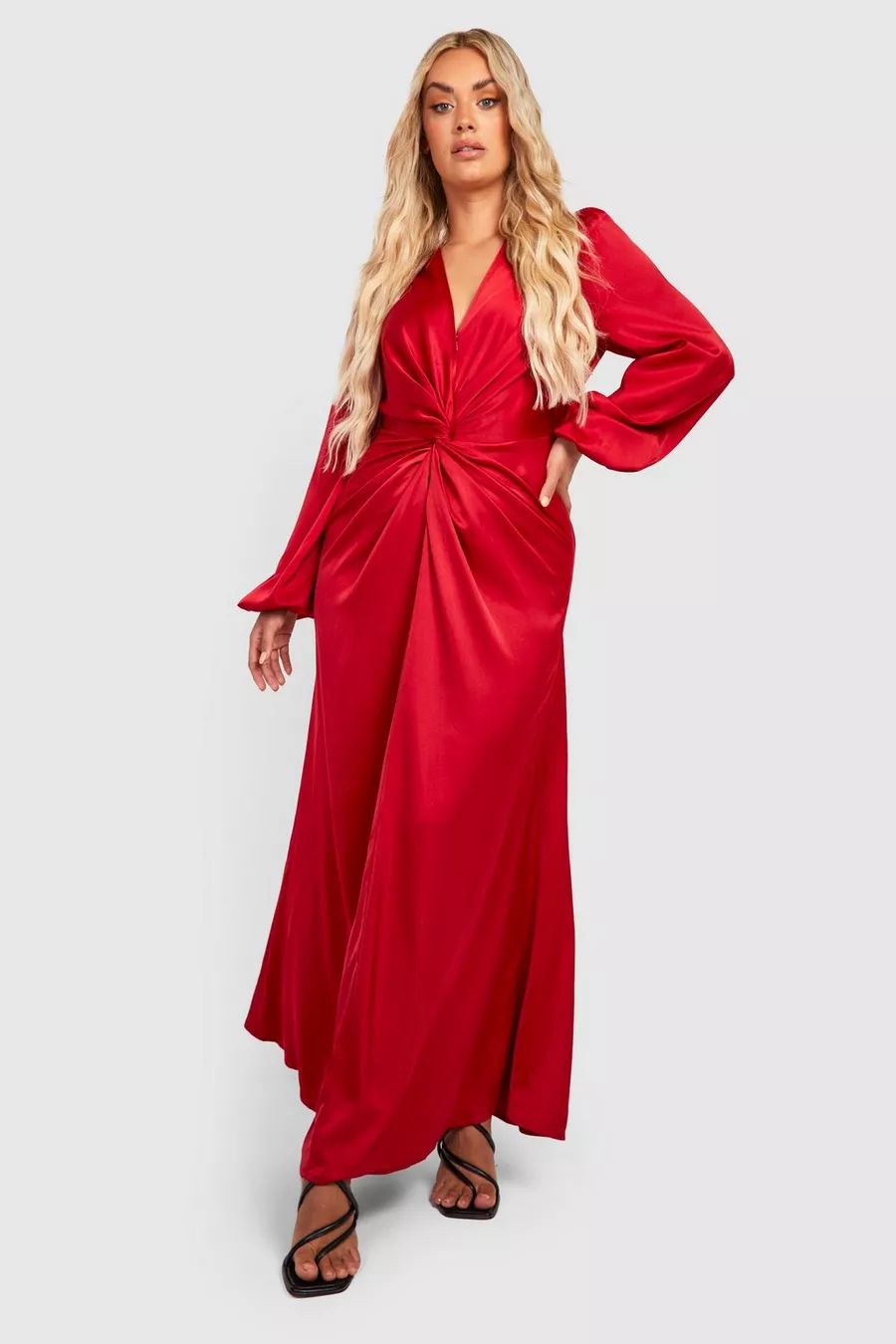 Plus Satin Twist Front Blouson Sleeve Maxi Dress | Boohoo.com (US & CA)