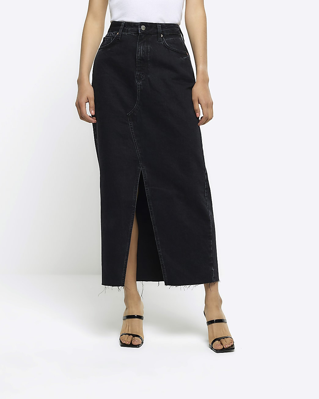 Black split front denim midi skirt | River Island (US)