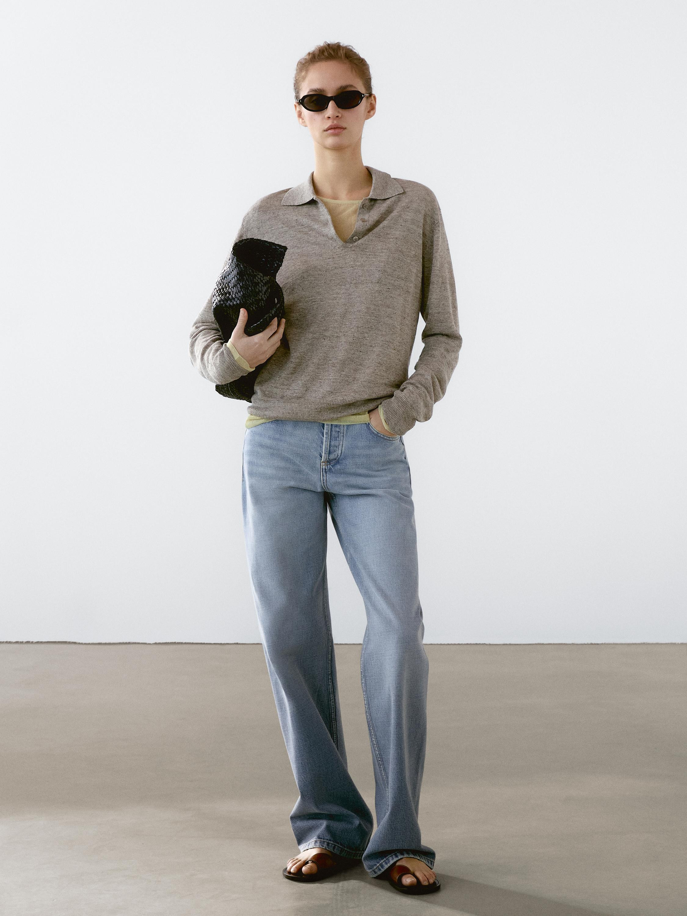 Knitted sweater made of 100% linen.. Long sleeves. Polo collar with button fastening. Flecked-eff... | Massimo Dutti UK