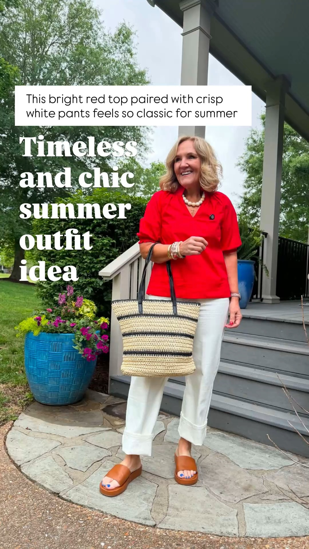 This red blouse with white pants creates such a timeless and chic summer outfit idea 🫶🏻

#LTKootd #LTKSeasonal #LTKOver40