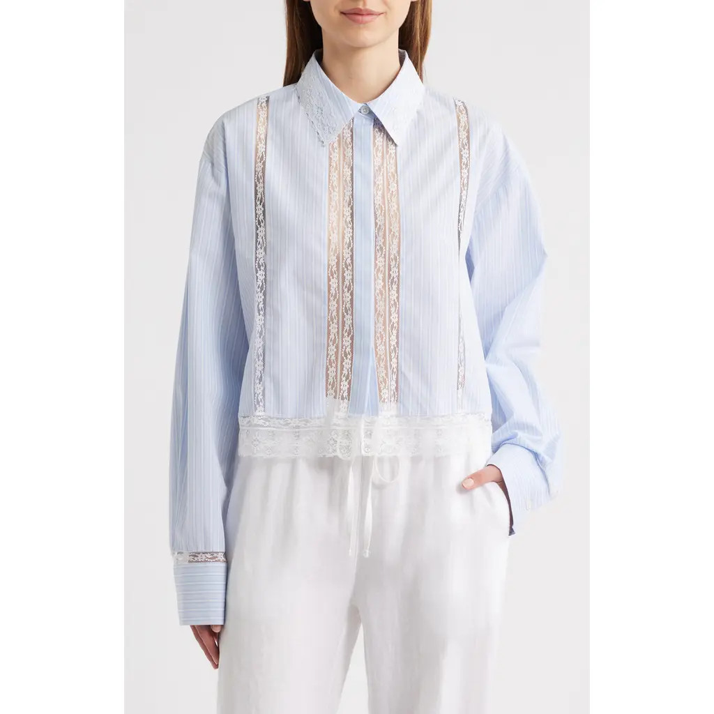 LoveShackFancy Delano Lace Panel Woven Shirt in Sky Lagoon at Nordstrom, Size Large | Nordstrom
