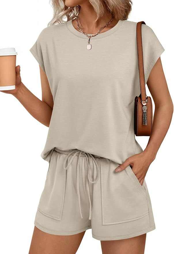 AUTOMET Womens Crew Neck Two Piece short Sets Cap Sleeve Drawstring Summer Sweatsuit with Pocket | Amazon (US)