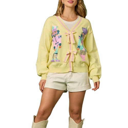 Women Sequin Nutcracker Christmas Cardigan Sparkle Bow Tie Front Sweaters Cute Xmas Holiday Knitwear (Light Yellow, M) | Amazon (US)