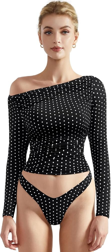 SUUKSESS Women Off Shoulder Long Sleeve Shirts Double Lined Fitted Crop Tops | Amazon (US)