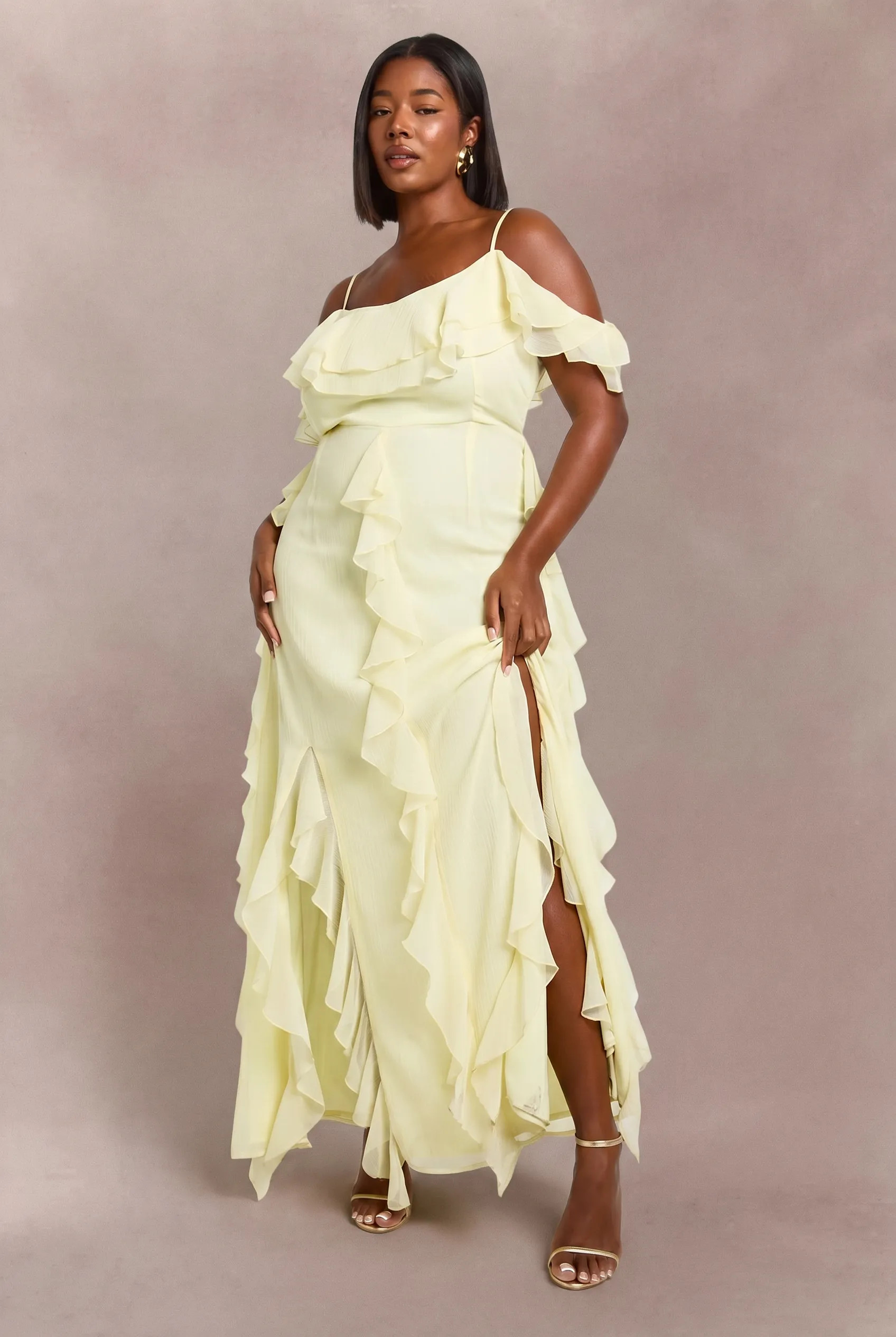 Lemon Plus Chiffon Ruffle Cold Shoulder Maxi Dress | Boohoo | Boohoo.com (UK & IE)
