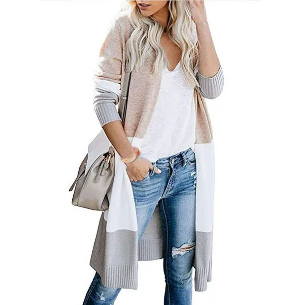 Women Long Sleeves Striped Print Knitting Cardigan Open Front Warm Sweater Outwear Coats Knee Len... | Walmart (US)