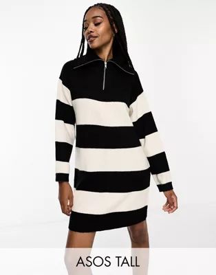 ASOS DESIGN Tall knit sweater mini dress with zip neck in stripe | ASOS (Global)