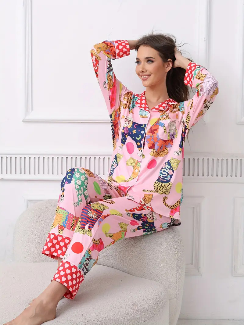 2pcs Women's Long Sleeve Pajama Set, Fun Leopard Print, Soft Polyester Loungewear with Notched Co... | Temu Affiliate Program