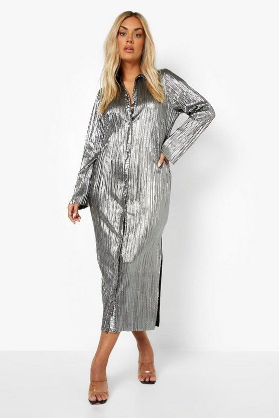 Plus Plisse Metallic Shirt Midaxi Dress | Boohoo.com (US & CA)