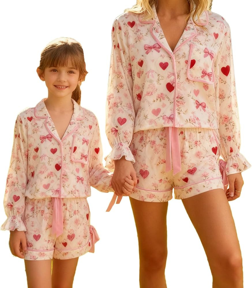 WenaZao Mommy and Me Valentine's Day Pajama Sets Cute Hearts Long Sleeve Lapel V Neck Button Down... | Amazon (US)