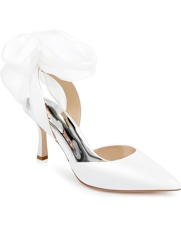 Womens Lace up Satin Heels Bow Pointed Closed Toe Bridal Dress Shoes Low Heel Wedding Elegant Pum... | Amazon (US)