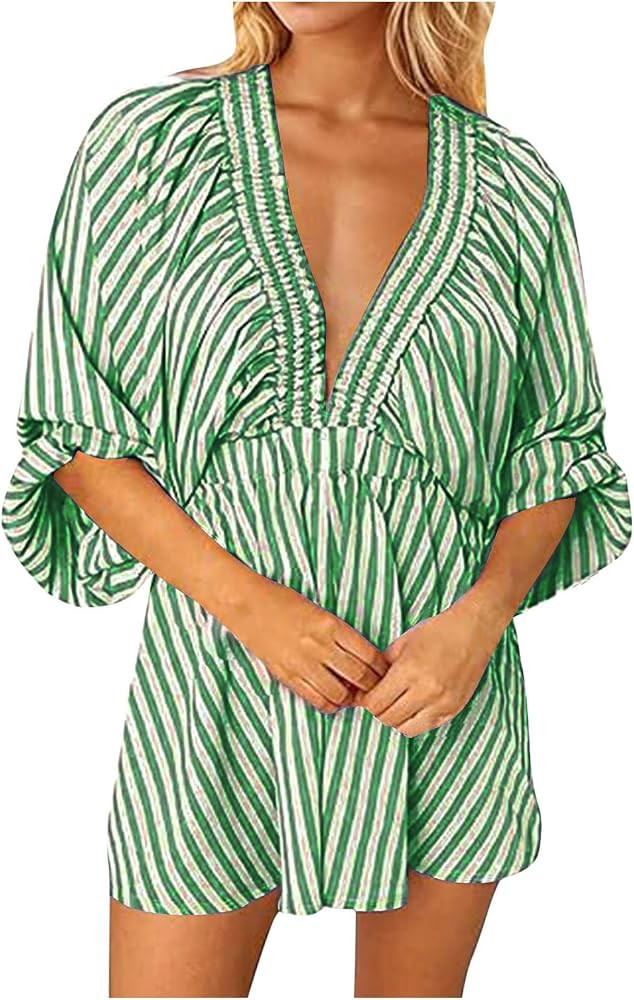 Tshirt Rompers for Women,Summer Casual Striped Puff Sleeve Rompers,Deep V Neck Loose Jumpsuit,Ela... | Amazon (US)