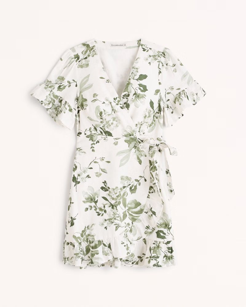 Abercrombie & Fitch Women's Angel Sleeve Wrap Mini Dress in Green Floral - Size M TLL | Abercrombie & Fitch (US)