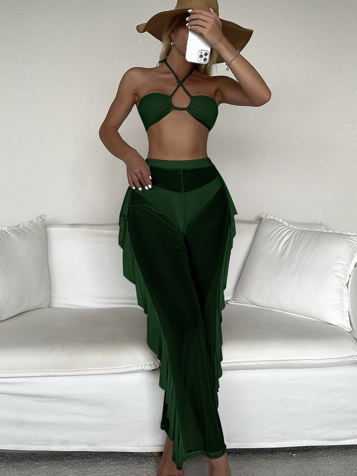 Mono Bikini Set Crisscross Halter Wireless Bra Top & High Cut Bikini Bottom & Mesh Cover Up Pants... | SHEIN