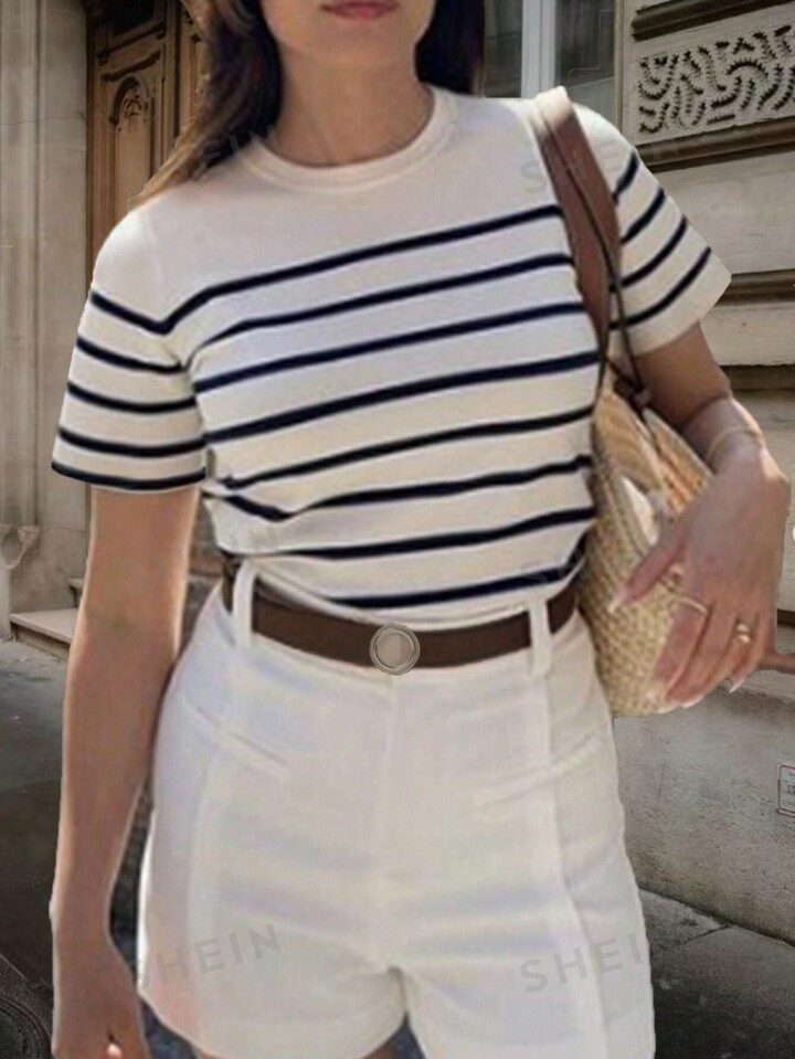 SHEIN Frenchy Women Stylish Slim-Fit Classic Striped Design T-Shirt | SHEIN