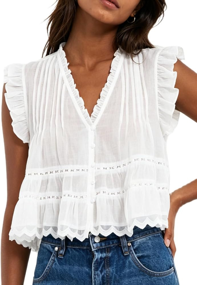 Women's Ruffle V Neck Babydoll Tank Top, Semi Sheer Lace Flowy Peplum Top, Boho Eyelet Button Dow... | Amazon (US)