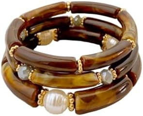 3Pcs Chunky Beaded Bracelets Set Resin Bamboo Tube Curved Stackable Stretch Bracelets Pearl Beade... | Amazon (US)