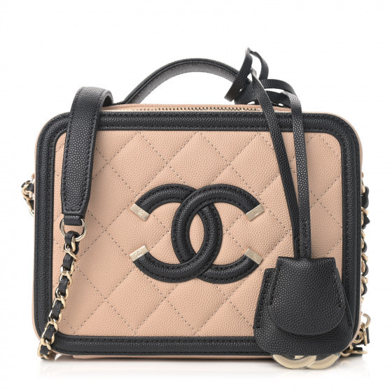 CHANEL Caviar Quilted Medium CC Filigree Vanity Case Beige Black | Fashionphile