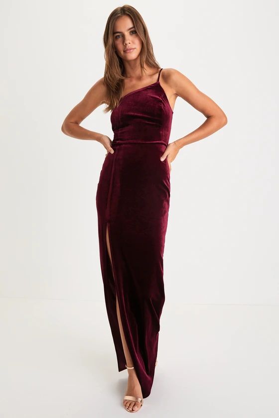 Keeper of My Heart Burgundy Velvet One-Shoulder Maxi Dress | Lulus (US)