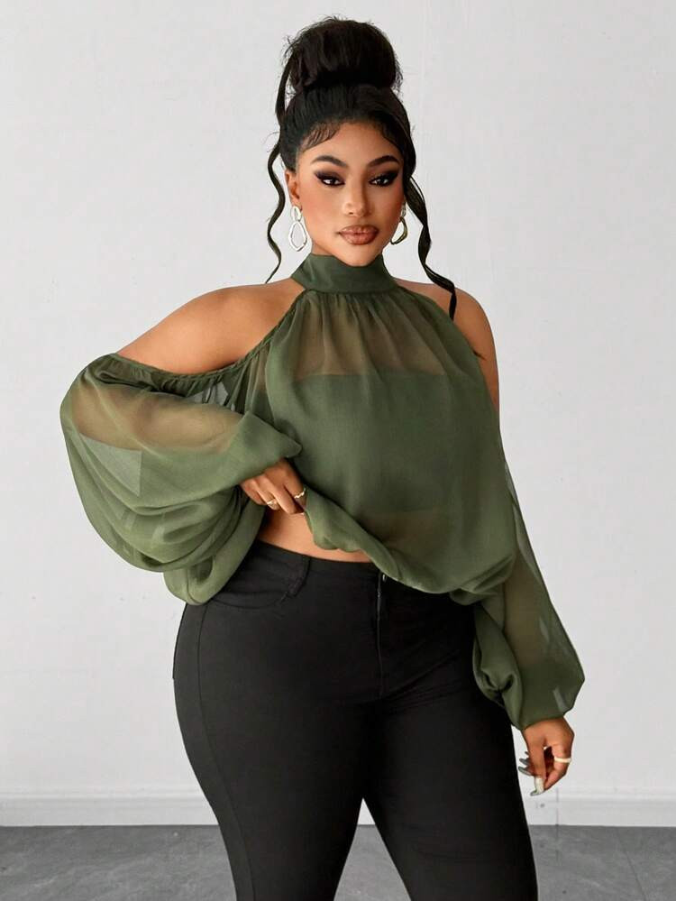 Plus Size Women's Solid Color Off-Shoulder Lantern Sleeve Fashion Blouse | SHEIN