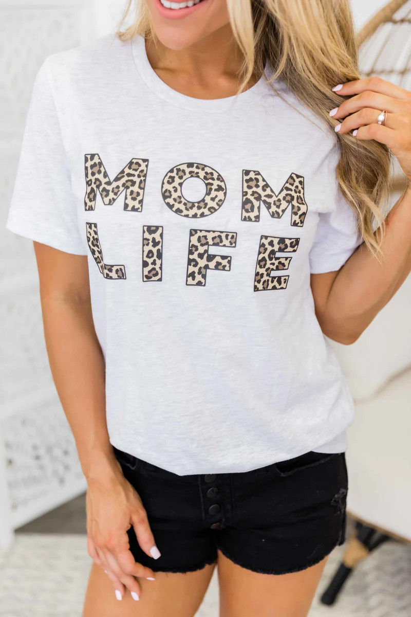 Mom Life Leopard Print Design Graphic Tee Ash | The Pink Lily Boutique