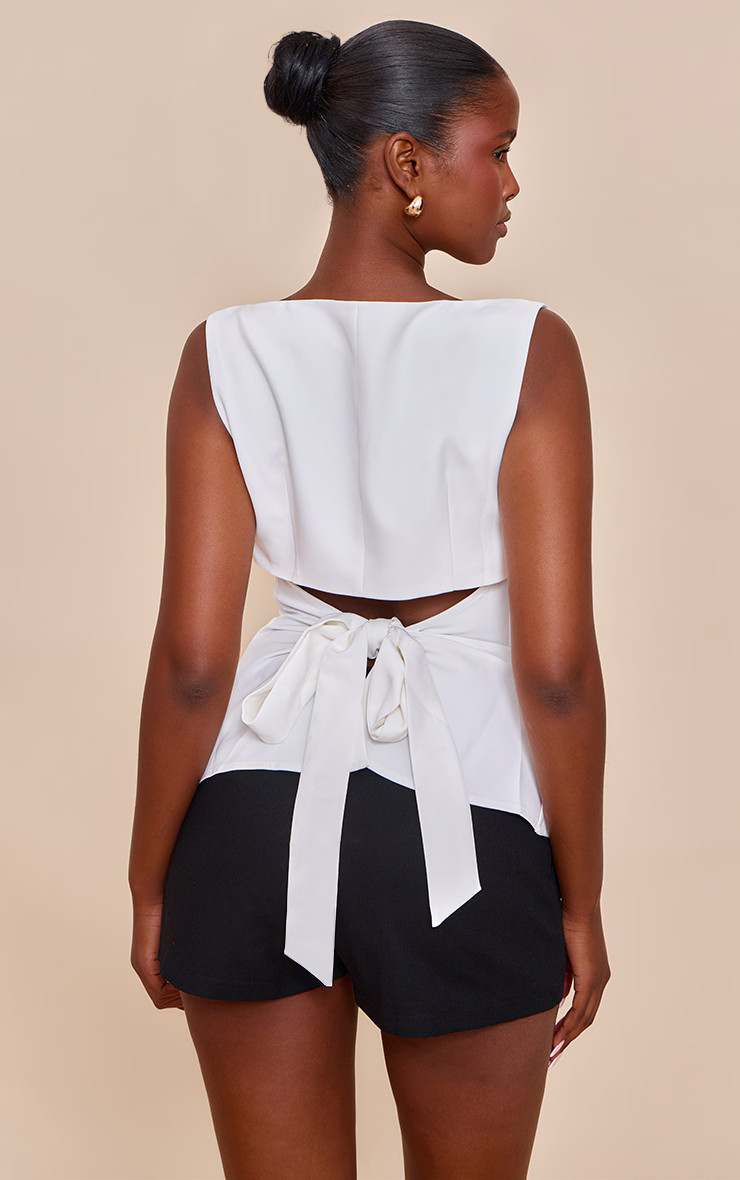 White Heavy Woven Tie Back Detail Structured Top | PrettyLittleThing US
