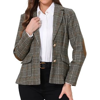 Allegra K Women's Long Sleeve Business Casual Vintage Plaid Blazer Jackets | Warm Wool Blend Butt... | Amazon (US)