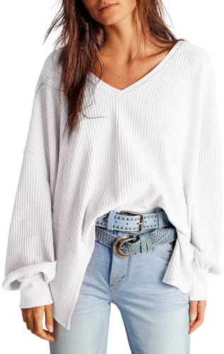 Dokotoo Womens Waffle Knit Tops Fashion 2026 Long Lantern Sleeve Casual Blouses V Neck Oversized ... | Amazon (US)