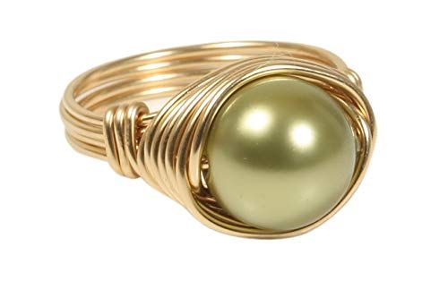 Amazon.com: Large Olive Green Nacre Pearl Solitaire Ring Gold Filled Wire Wrapped Handmade Jewelr... | Amazon (US)