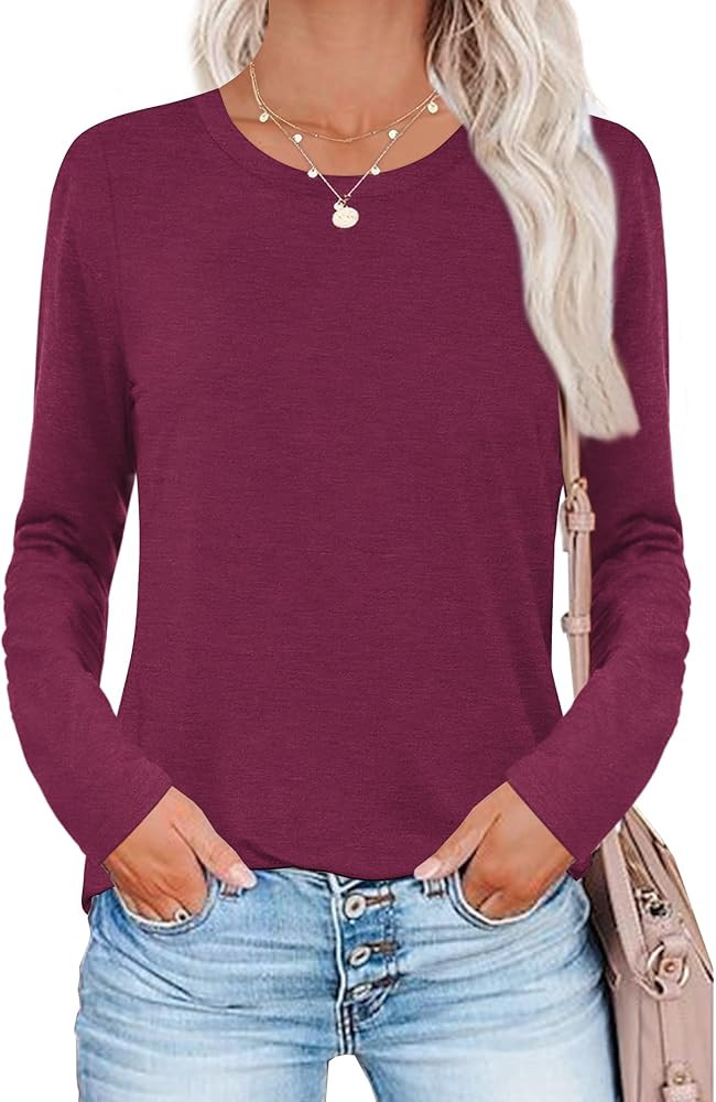 Elesomo Womens Tops Short/Long Sleeve T-Shirts Fitted Crewneck Tee | Amazon (US)