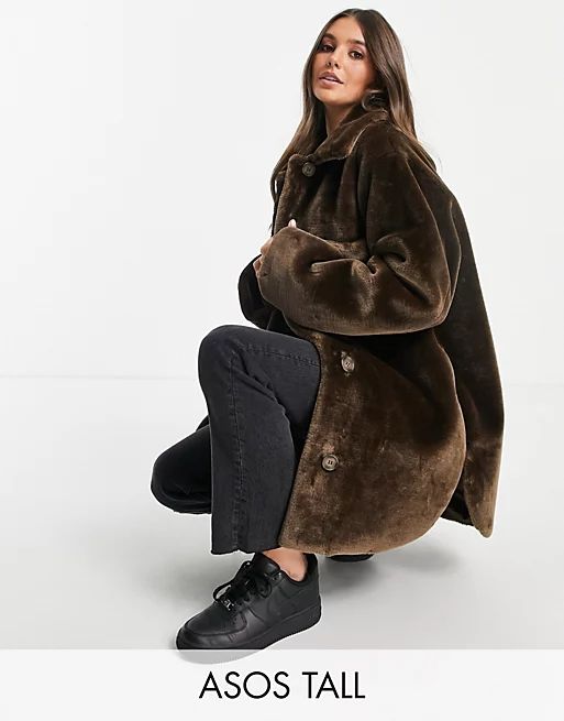 ASOS DESIGN Tall plush faux fur shacket in brown | ASOS (Global)