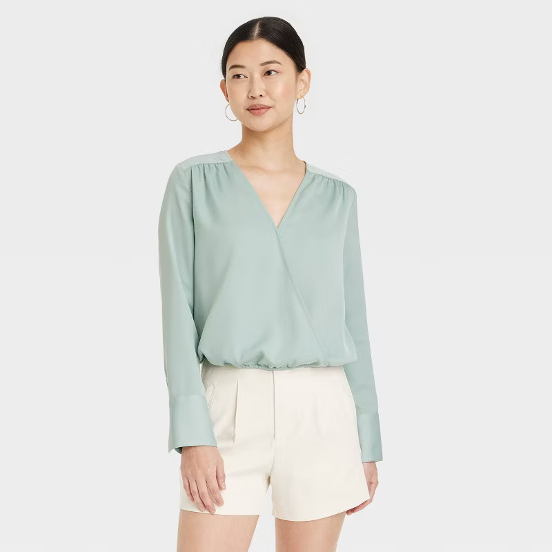 Women's Long Sleeve V-Neck Wrap Blouse - A New Day™ | Target