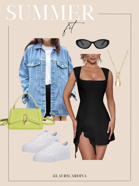 This summer fit includes a square neck mini dress with an oversized jean jacket, a lime green mini handbag, black sunglasses, a gold necklace, and white sneakers. 

Ootd, date night, summer outfit idea, casual outfit, resort wear, Amazon outfit 

#LTKshoecrush #LTKfindsunder50 #LTKstyletip