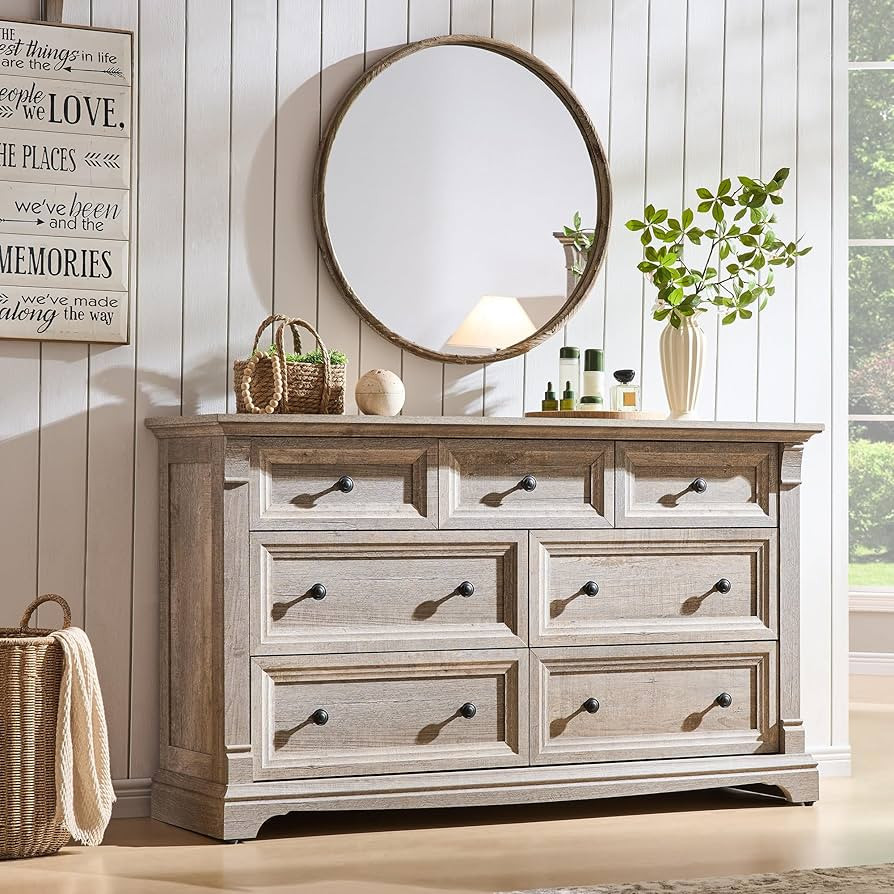 T4TREAM Farmhouse 7 Drawers Dresser for Bedroom, 54" Wide Wood Rustic Chest of Drawers w/Roman Co... | Amazon (US)