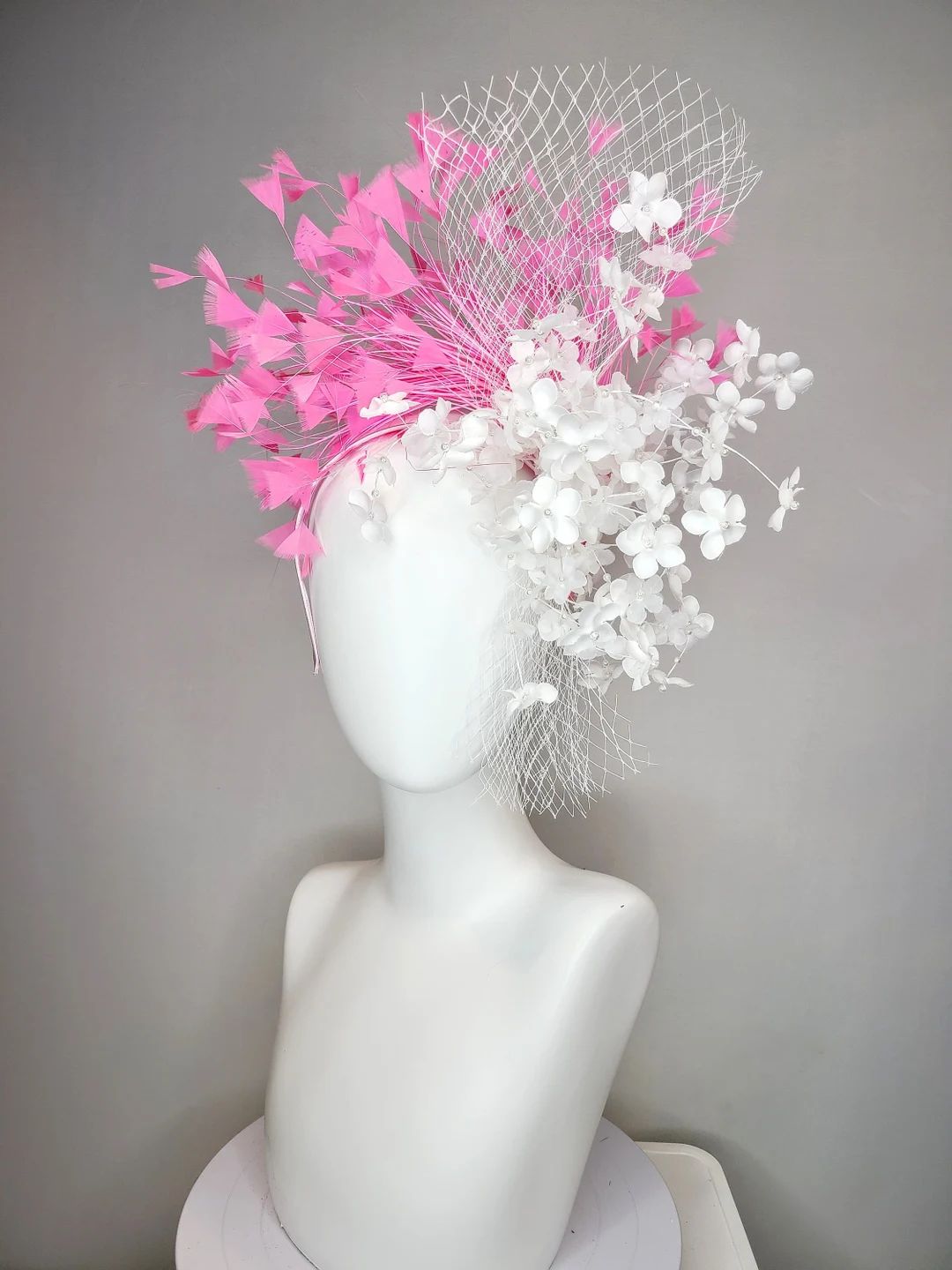 kentucky derby hat fascinator small white flowers with white netting with  pink fuchsia feather s... | Etsy (US)