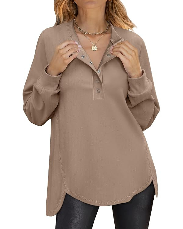 ANRABESS Women's Long Sleeve Henley Tops Tunic Sweatshirt Loose Slit Casual Button Shirts Pullove... | Amazon (US)