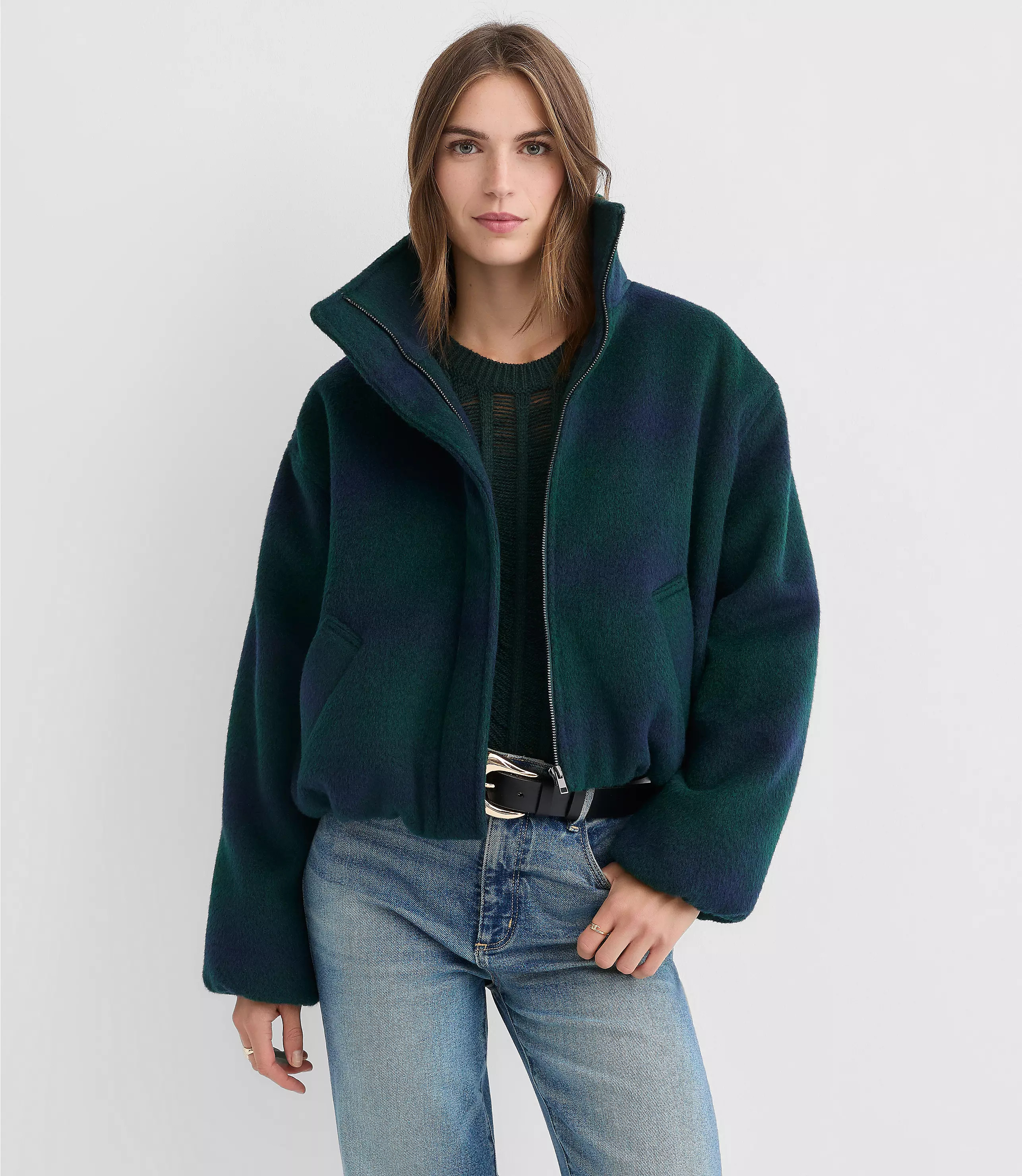 Plaid Funnel Neck Bubble Jacket | LOFT