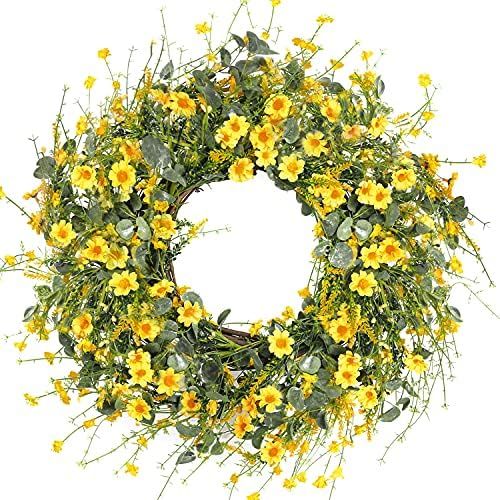 Sggvecsy Yellow Daisy Wreath 24 Inch Fall Wreath Spring Summer Wreath Fake Silk Floral Wreath with G | Amazon (US)