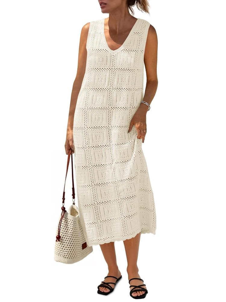 Fisoew Womens Crochet Sleeveless Dress Casual Summer V Neck Boho Knit Cover Up Beach Vacation Mid... | Amazon (US)