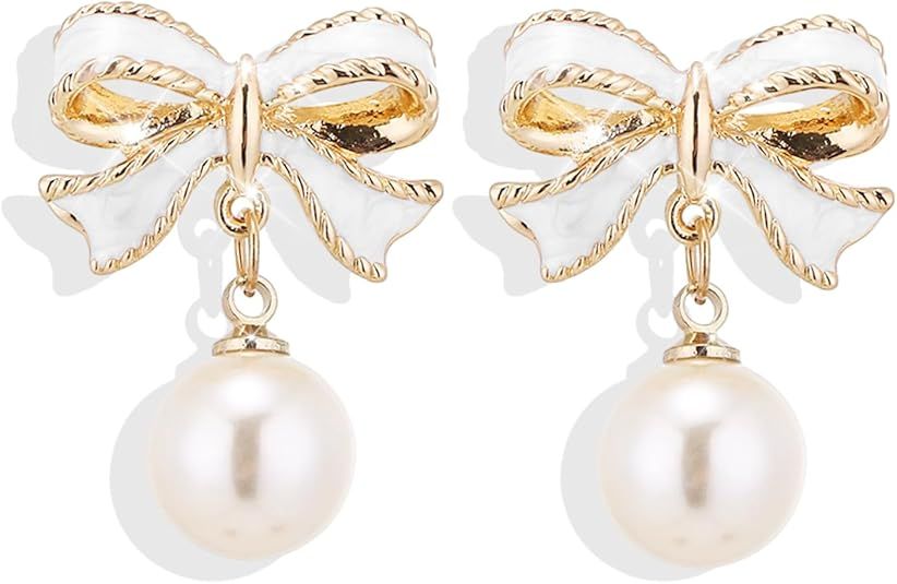 Gold Bow Earrings for Women Pearl Bow Dangle Earrings Silver Bow Stud Earrings Ribbon Earrings Go... | Amazon (US)