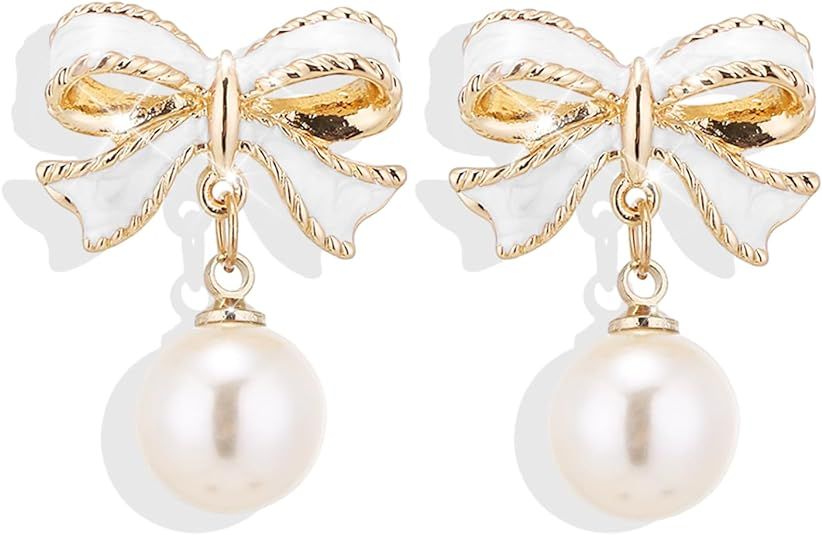 Gold Bow Earrings for Women Pearl Bow Dangle Earrings Silver Bow Stud Earrings Ribbon Earrings Go... | Amazon (US)