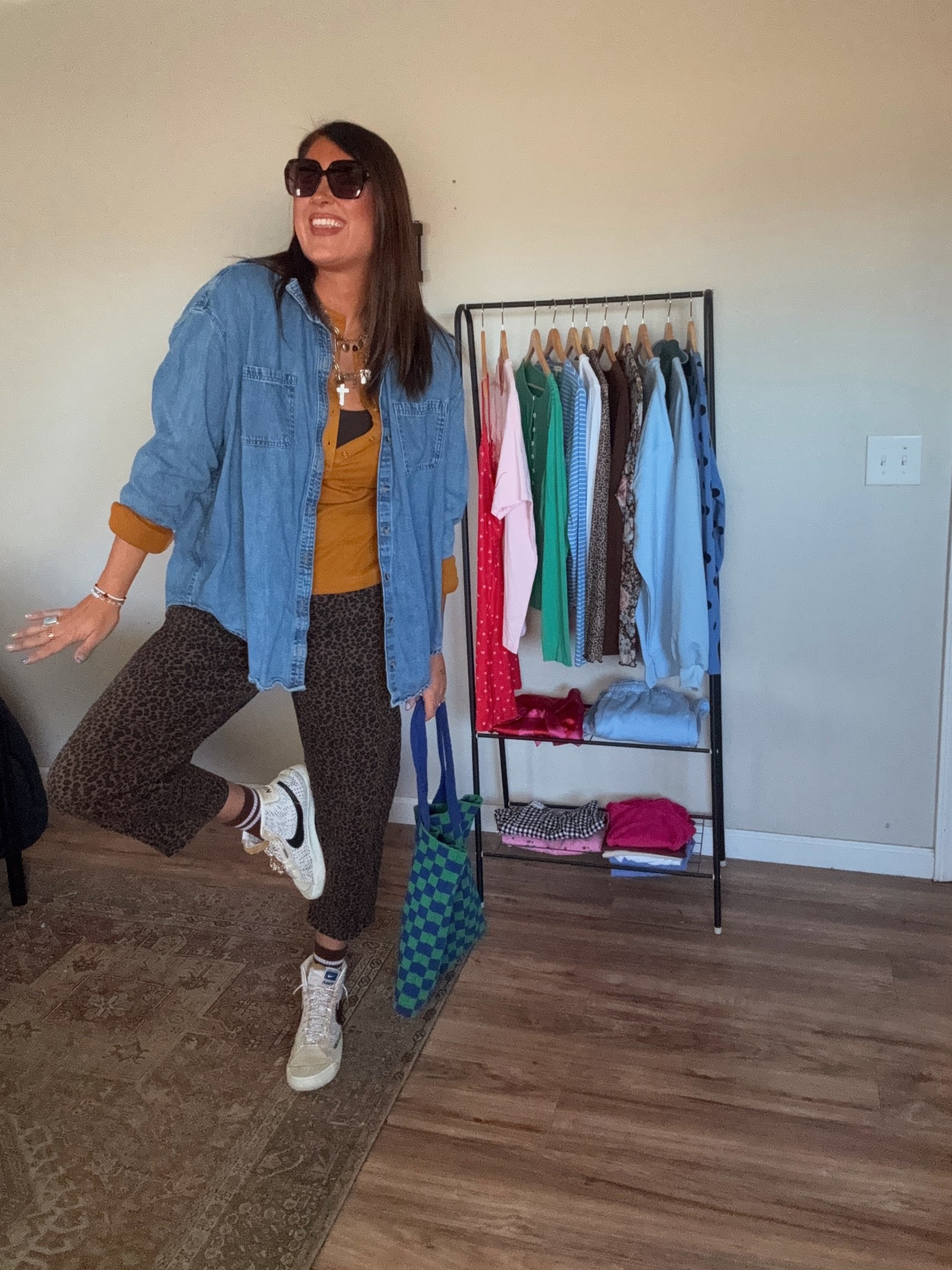 Turns out I didn’t need a nap.
I needed dopamine. 🐆
And yesterday it came in leopard pants and sparkly shoelaces.

By 35, I’ve learned that “dopamine dressing” is not about trends or rules. It is about choosing pieces that wake YOUR brain up.
Color, texture, pattern… and those small details actually signal your nervous system that something good is happening. That part is science, not vanity. 👩🏻‍🔬

For me, it may look like mixing leopard pants with a checkered bag, adding a charm littered necklace, swapping in sparkly laces, and letting the outfit build itself piece by piece until it feels right. For you, it might look completely different … and that is the whole point.

Getting dressed with intention shifts my mood. It creates momentum. A quiet moment of showing up for myself.

Outfit notes : 
✨Pants and tee true to size
✨Denim button up sized up one for an even more oversized fit

If you are fighting the urge to crawl back into bed, or just needing some extra joy, this is your reminder that sometimes the answer is getting dressed like joy might notice YOU 💋 ✨

#LTKootd #LTKMidsize #LTKTall