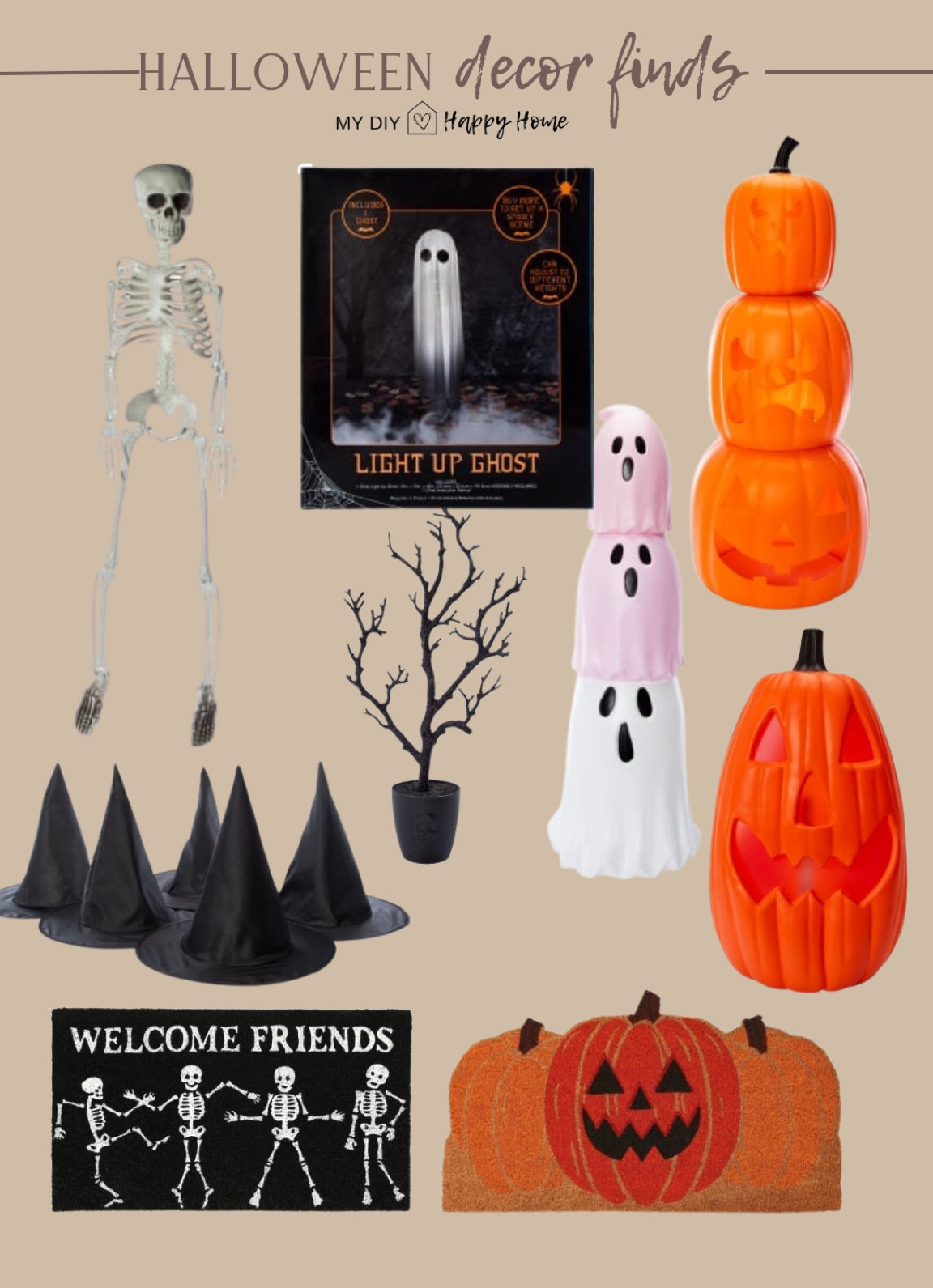Halloween decor finds… most are $5 and under!!!

Light up ghost 
3 ft skeleton 
Stacking ghosts
Stacking pumpkins 
Light up Jack o lantern 
Glitter branch tree
Witches hats
Door mats 

#LTKSeasonal #LTKParties #LTKHome